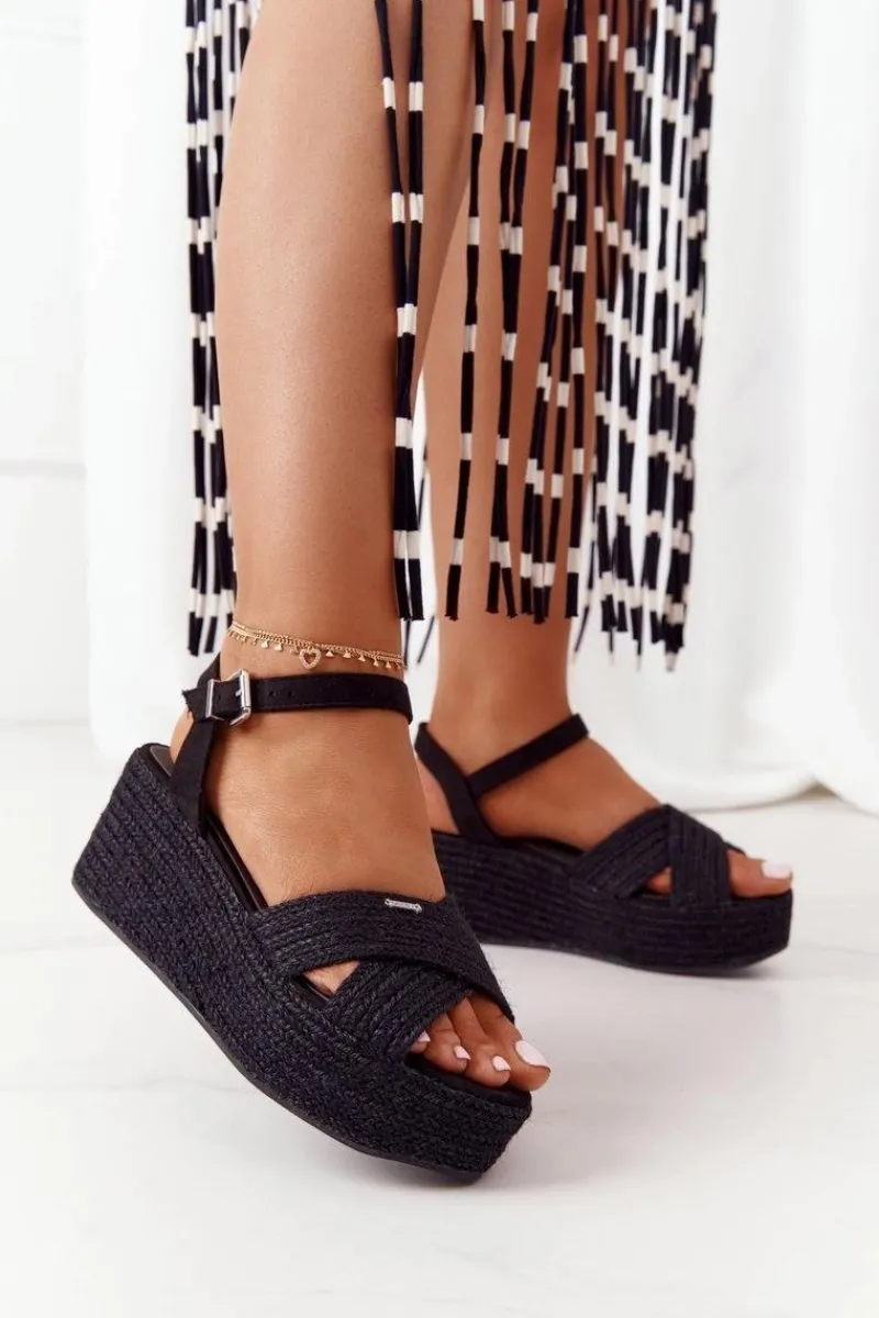 Discount Sandały Na Koturnie Z Plecionką Big Star FF274762 Czarne Damskie Sandały Big Star|Sandały Na Koturnie