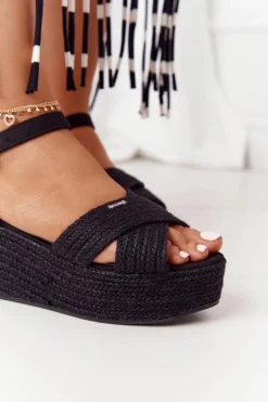 Discount Sandały Na Koturnie Z Plecionką Big Star FF274762 Czarne Damskie Sandały Big Star|Sandały Na Koturnie