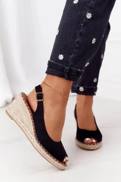 Clearance Boto Sandały Na Koturnie Z Plecionką Czarne Las Palomas