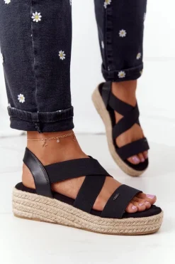 Online Sandały Na Koturnie Ze Ściągaczem Big Star HH274411 Czarne Damskie Sandały Big Star|Sandały Na Koturnie