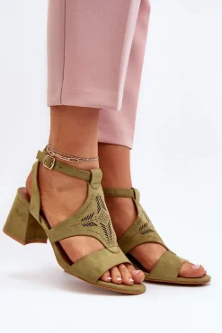 Hot Sandały Na Niskim Obcasie Zielone Eleriva Damskie Sandały Na Obcasie