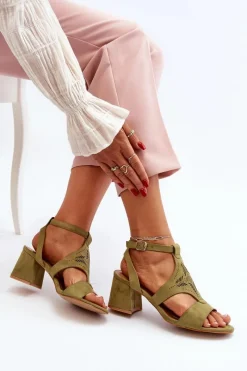Hot Sandały Na Niskim Obcasie Zielone Eleriva Damskie Sandały Na Obcasie