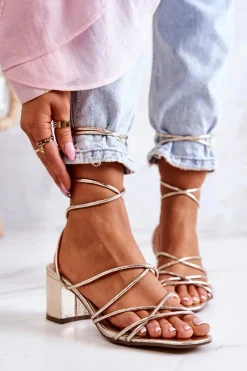 Hot Sandały Na Obcasie Wiązane Złote Meghan Damskie Sandały Na Obcasie