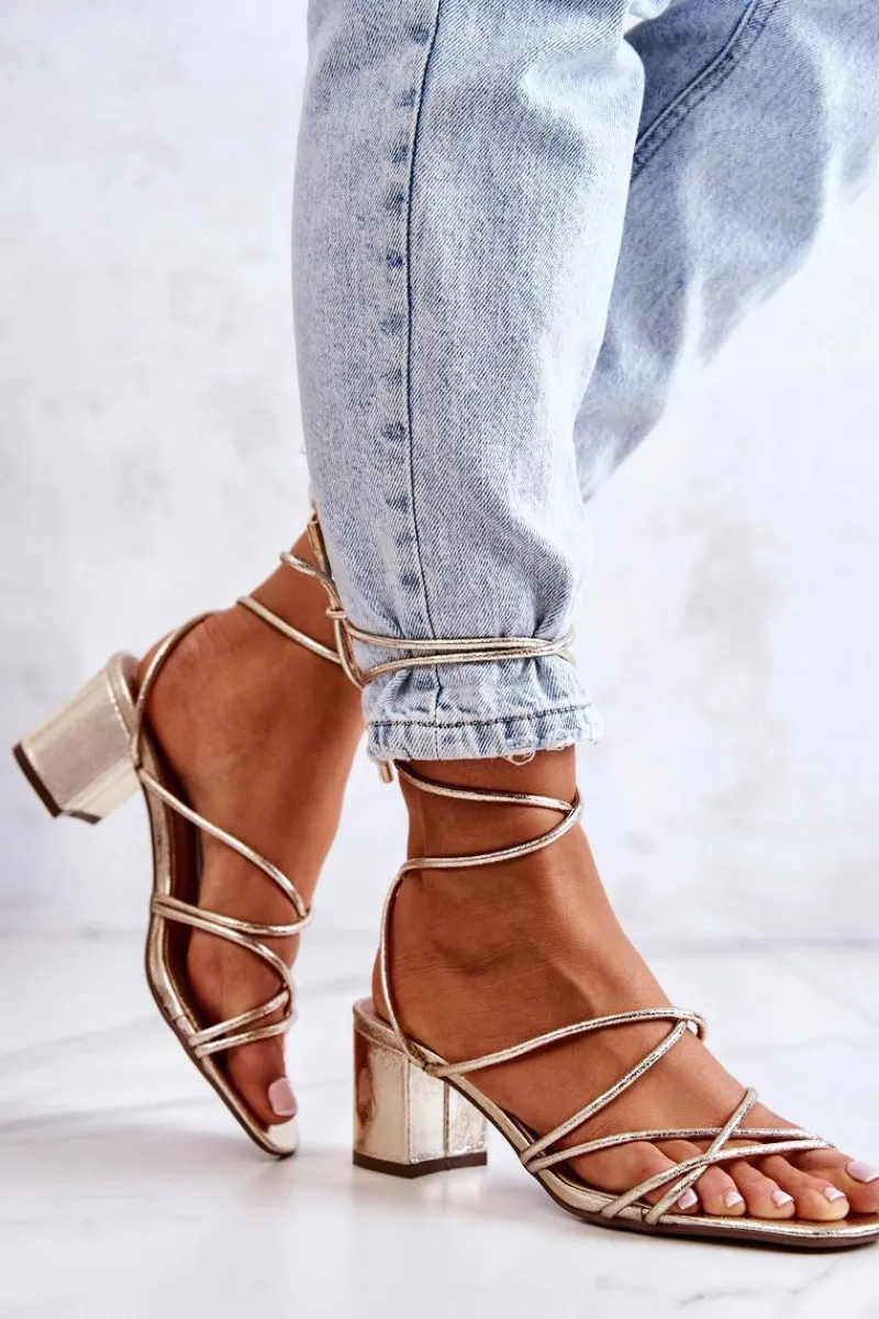 Hot Sandały Na Obcasie Wiązane Złote Meghan Damskie Sandały Na Obcasie