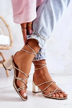 Hot Sandały Na Obcasie Wiązane Złote Meghan Damskie Sandały Na Obcasie