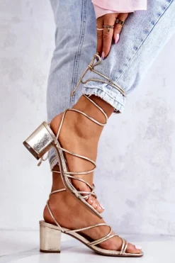 Hot Sandały Na Obcasie Wiązane Złote Meghan Damskie Sandały Na Obcasie