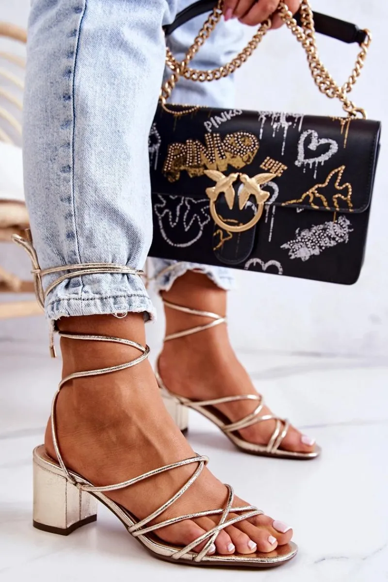 Hot Sandały Na Obcasie Wiązane Złote Meghan Damskie Sandały Na Obcasie