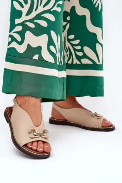 Discount Sandały Na Płaskim Obcasie Z Ozdobą Eko Skóra Beżowe Tillireta Damskie Sandały Płaskie