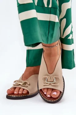 Discount Sandały Na Płaskim Obcasie Z Ozdobą Eko Skóra Beżowe Tillireta Damskie Sandały Płaskie