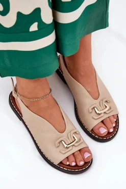 Discount Sandały Na Płaskim Obcasie Z Ozdobą Eko Skóra Beżowe Tillireta Damskie Sandały Płaskie