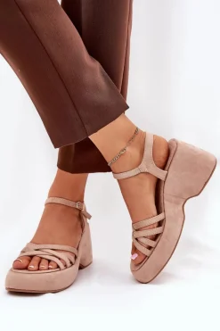 Sandały Na Platformie I Koturnie Z Eko Zamszu Beżowe Nendal Damskie Sandały Na Koturnie