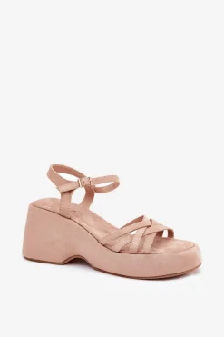 Sandały Na Platformie I Koturnie Z Eko Zamszu Beżowe Nendal Damskie Sandały Na Koturnie
