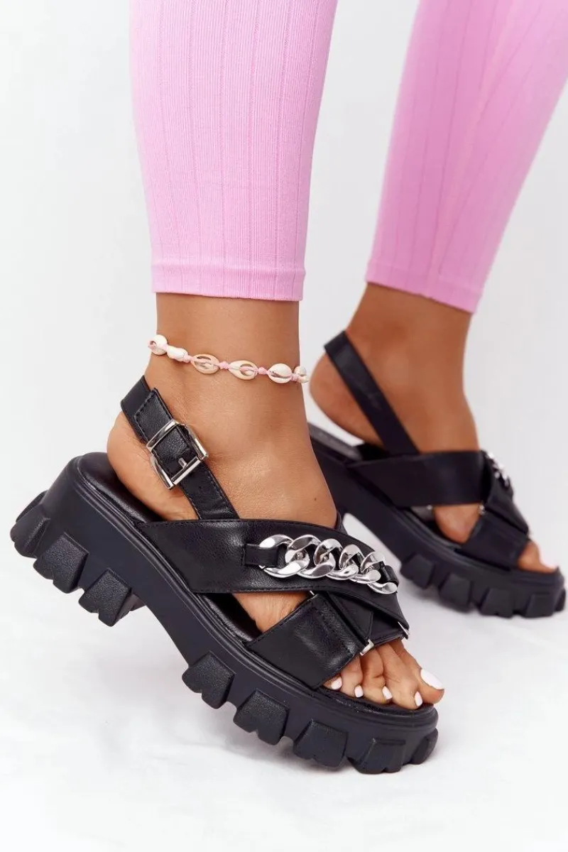 Discount Boto Sandały Na Platformie Z Łańcuchem Czarne Hollywood