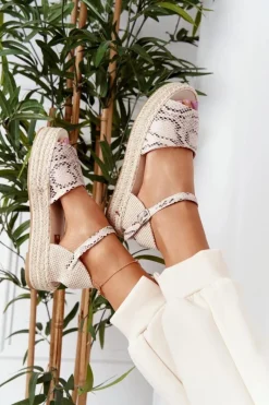 Hot Sandały Na Platformie Z Plecionką Beżowe Wężowy Wzór Megara Damskie Sandały Płaskie