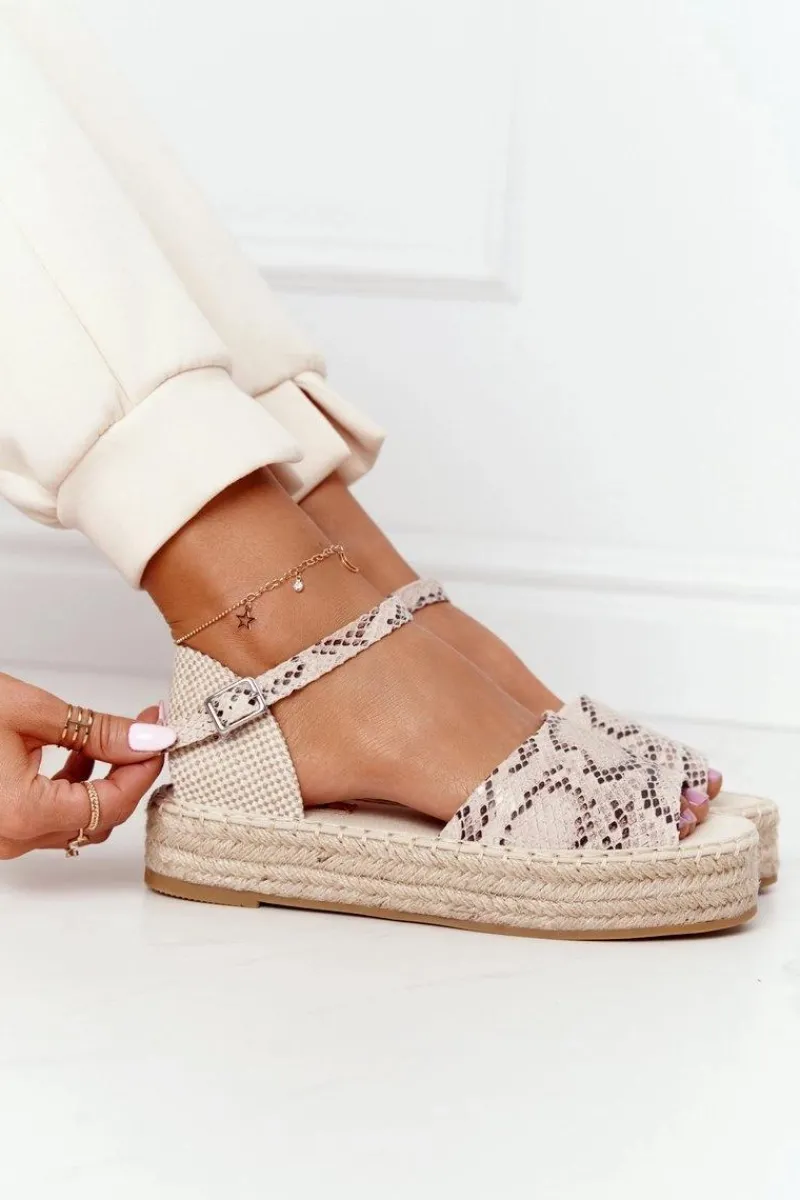 Hot Sandały Na Platformie Z Plecionką Beżowe Wężowy Wzór Megara Damskie Sandały Płaskie