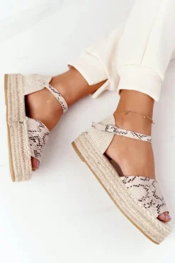 Hot Sandały Na Platformie Z Plecionką Beżowe Wężowy Wzór Megara Damskie Sandały Płaskie