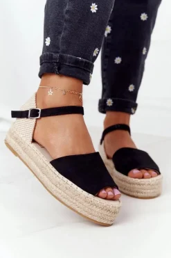 New Boto Sandały Na Platformie Z Plecionką Czarne Megara