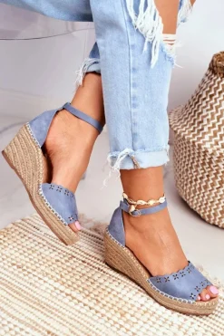 Best Sandały Na Plecionej Koturnie Niebieskie Sagittarius Damskie Sandały Na Koturnie