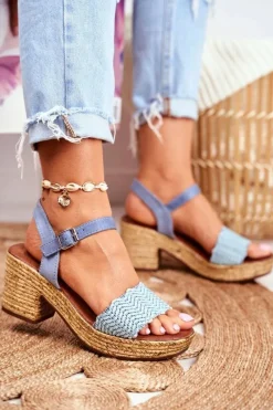 New Sandały Na Plecionej Platformie Niebieskie Fobi Damskie Sandały Na Obcasie