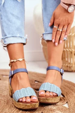 New Sandały Na Plecionej Platformie Niebieskie Fobi Damskie Sandały Na Obcasie