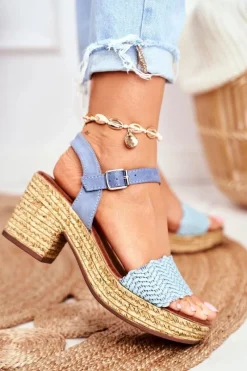 New Sandały Na Plecionej Platformie Niebieskie Fobi Damskie Sandały Na Obcasie