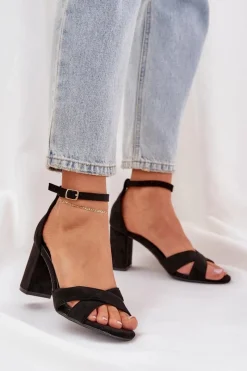 Clearance Sandały Na Słupkowym Obcasie Z Eko Zamszu Czarne Saniffia Damskie Sandały Na Obcasie