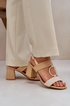 Outlet Sandały Na Słupkowym Obcasie Beżowe Afleeria Damskie Sandały Na Słupku|Sandały Na Obcasie