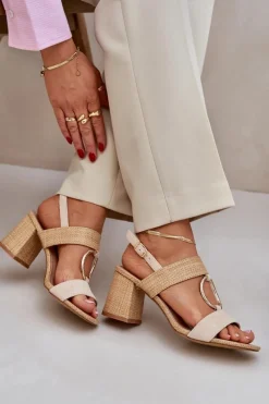 Outlet Sandały Na Słupkowym Obcasie Beżowe Afleeria Damskie Sandały Na Słupku|Sandały Na Obcasie