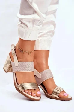 Online Sandały Na Słupku Beżowo-Złote Emmy Damskie Sandały Na Obcasie