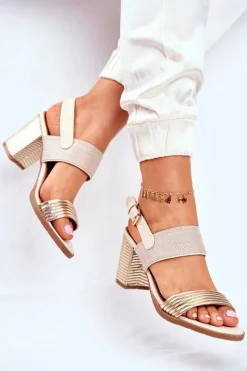 Online Sandały Na Słupku Beżowo-Złote Emmy Damskie Sandały Na Obcasie