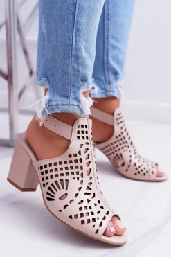 Best Sandały Na Słupku 1924 Skóra Beżowe Montoro Damskie Sandały Na Obcasie