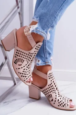 Best Sandały Na Słupku 1924 Skóra Beżowe Montoro Damskie Sandały Na Obcasie