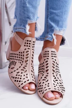 Best Sandały Na Słupku 1924 Skóra Beżowe Montoro Damskie Sandały Na Obcasie