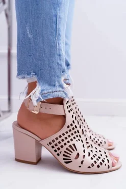 Best Sandały Na Słupku 1924 Skóra Beżowe Montoro Damskie Sandały Na Obcasie