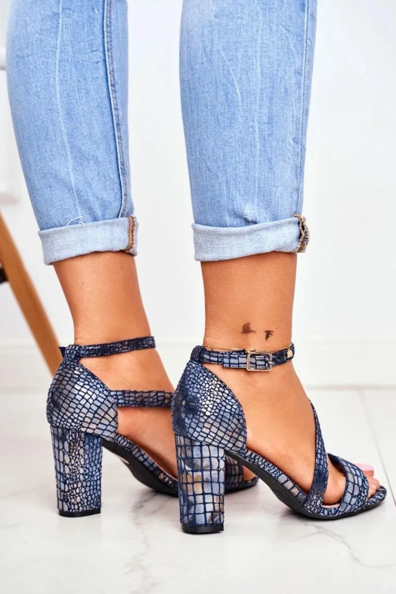 Sandały Na Obcasie>Buty Sergio Leone Sandały Na Słupku Sergio Leone SK870 Granatowe Zwierzęcy Wzór