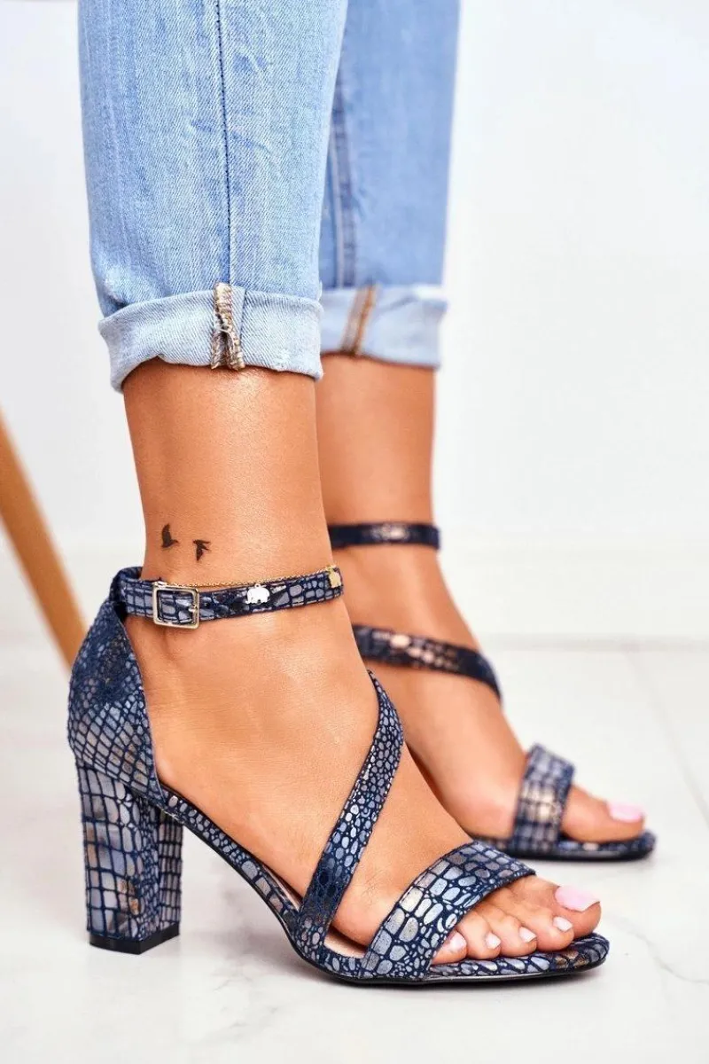 Sandały Na Obcasie>Buty Sergio Leone Sandały Na Słupku Sergio Leone SK870 Granatowe Zwierzęcy Wzór