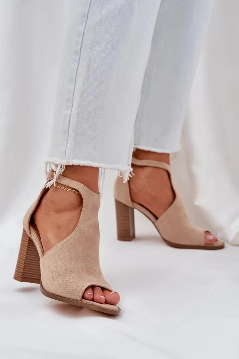 Sandały Na Słupku Z Eko Zamszu Beżowe Lanadriena Damskie Sandały Na Słupku|Sandały Na Obcasie