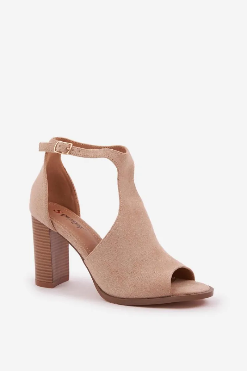 Sandały Na Słupku Z Eko Zamszu Beżowe Lanadriena Damskie Sandały Na Słupku|Sandały Na Obcasie