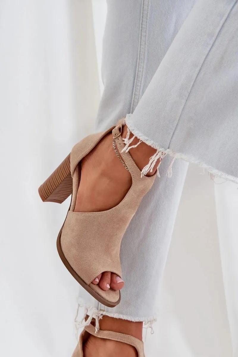 Sandały Na Słupku Z Eko Zamszu Beżowe Lanadriena Damskie Sandały Na Słupku|Sandały Na Obcasie