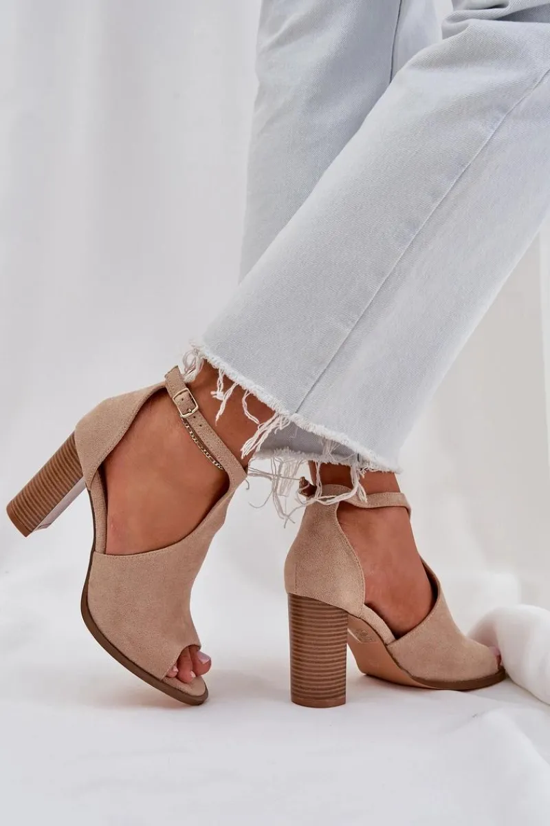 Sandały Na Słupku Z Eko Zamszu Beżowe Lanadriena Damskie Sandały Na Słupku|Sandały Na Obcasie