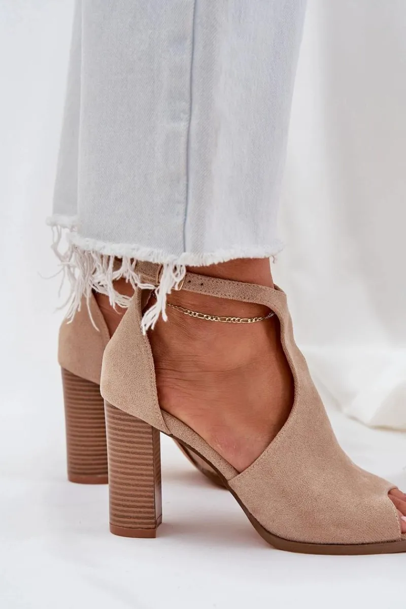 Sandały Na Słupku Z Eko Zamszu Beżowe Lanadriena Damskie Sandały Na Słupku|Sandały Na Obcasie