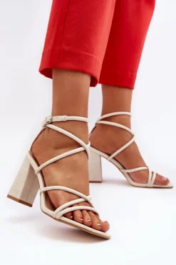 Best Sandały Na Słupku Z Paskami Nude Herfiana Damskie Sandały Na Obcasie
