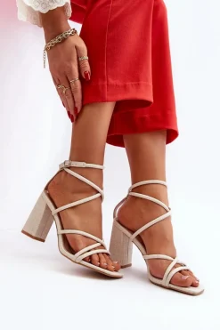 Best Sandały Na Słupku Z Paskami Nude Herfiana Damskie Sandały Na Obcasie