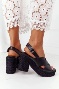 Clearance Sandały Na Słupku Z Plecionką Big Star HH274387 Czarne Damskie Sandały Big Star|Sandały Na Obcasie