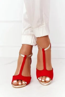 Sandały Na Obcasie>Damskie buty S.Barski Sandały Na Szpilce S.Barski 280-58 Czerwono-Złote