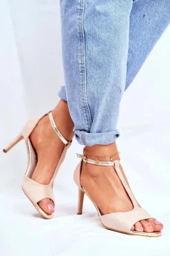 Online Sandały Na Szpilce S.Barski 280-58 Beżowo-Złote Damskie Sandały Na Obcasie