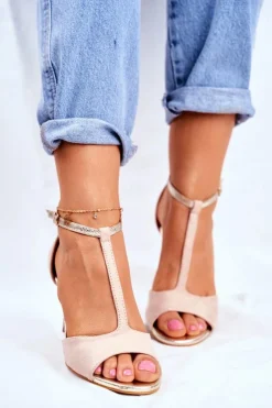 Online Sandały Na Szpilce S.Barski 280-58 Beżowo-Złote Damskie Sandały Na Obcasie