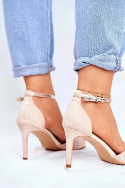 Online Sandały Na Szpilce S.Barski 280-58 Beżowo-Złote Damskie Sandały Na Obcasie