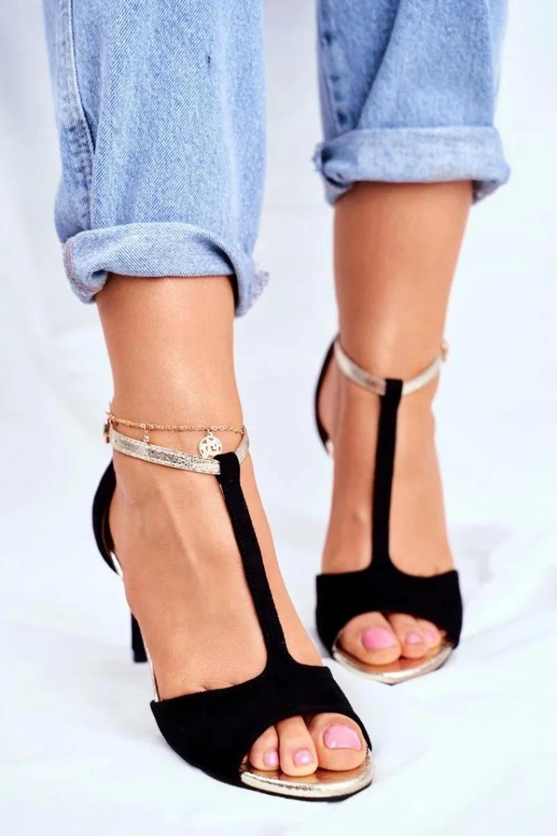 Discount Sandały Na Szpilce S.Barski 280-58 Czarno-Złote Damskie Sandały Na Obcasie