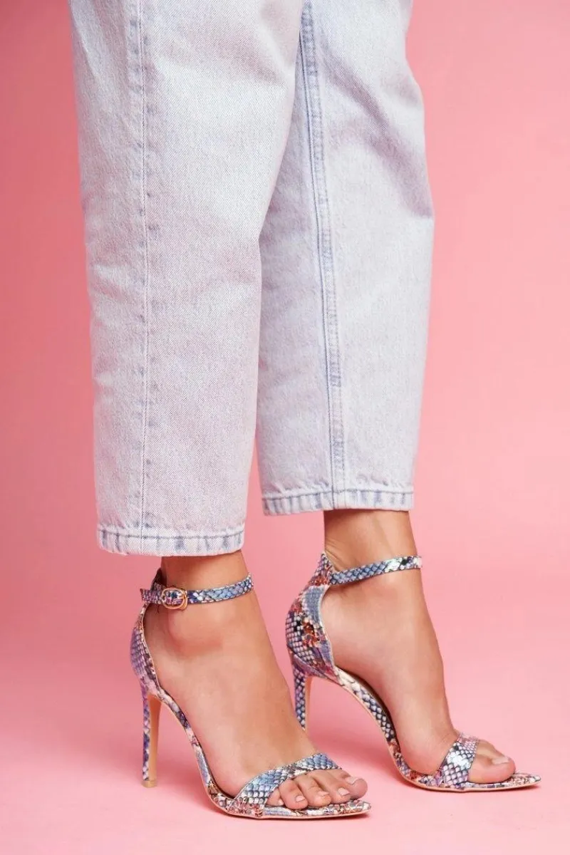 Clearance Sandały Na Szpilce Z Wężowym Wzorem Lu Boo Niebieskie Damskie Sandały Na Obcasie